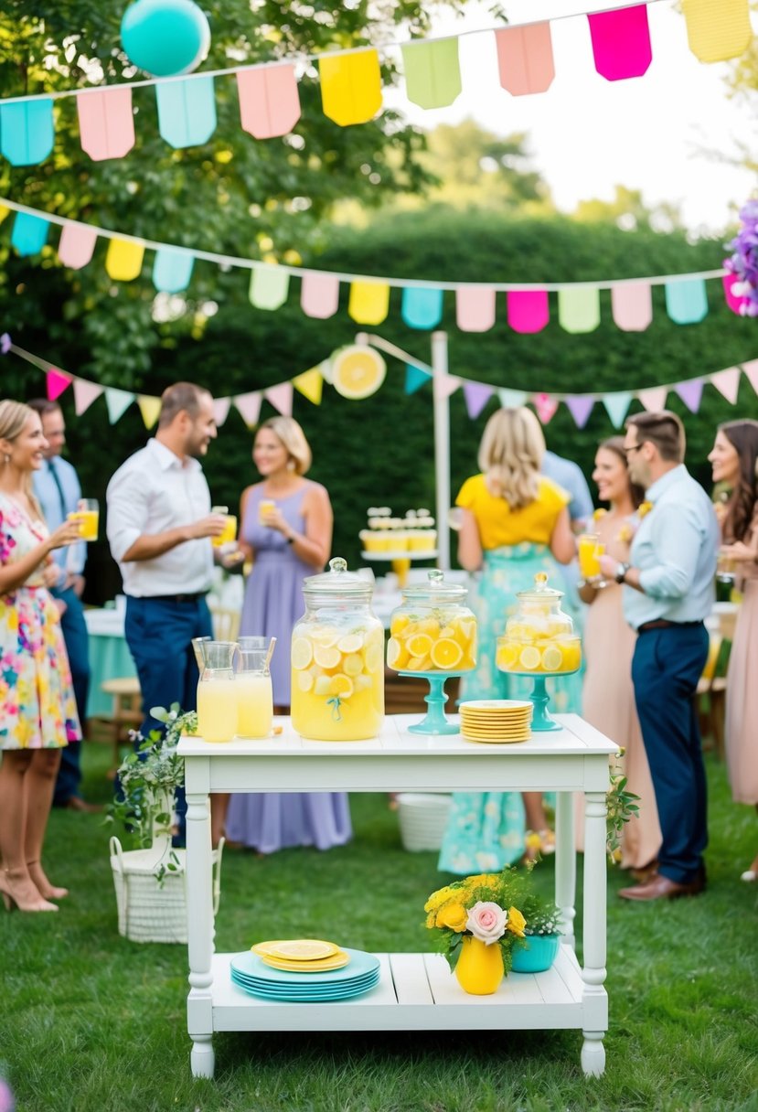 A garden party with a lemonade bar, colorful decorations, and guests mingling in a festive atmosphere