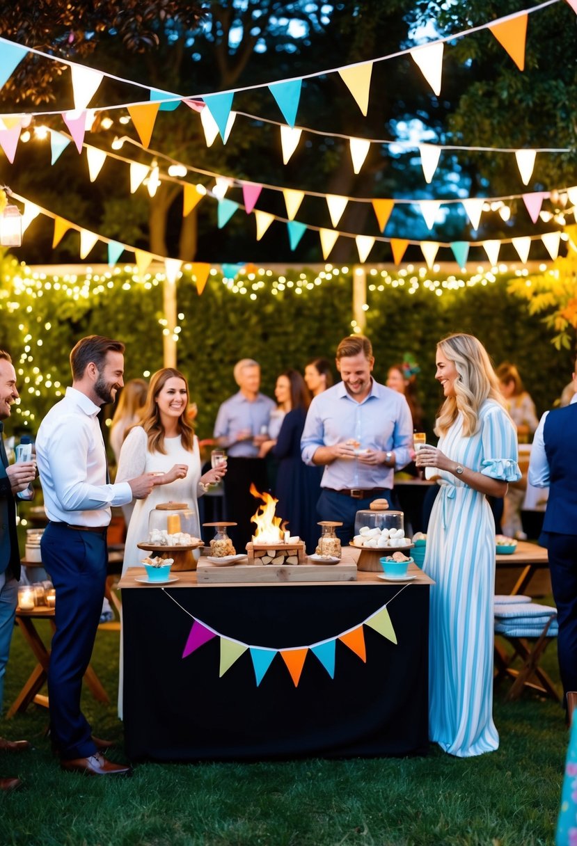 A cozy garden party with a s'mores station, surrounded by twinkling lights and colorful bunting, with guests mingling and enjoying the festive atmosphere