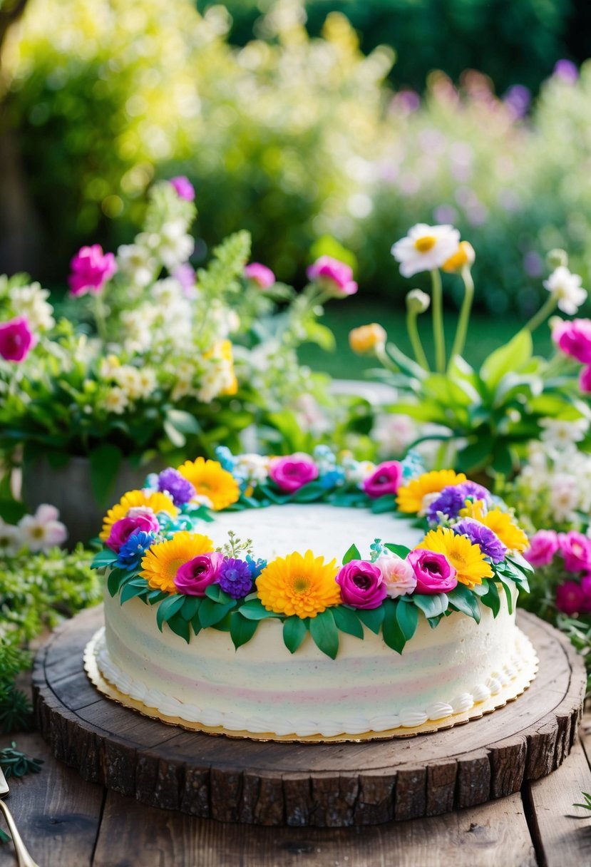 A colorful floral wreath cake sits atop a rustic wooden table, surrounded by blooming flowers and greenery, with a soft sunlight streaming in from the garden