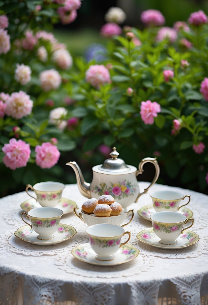 A vintage tea set arranged on a lace tablecloth amidst a blooming garden, with dainty floral teacups and saucers, a silver teapot, and delicate pastries