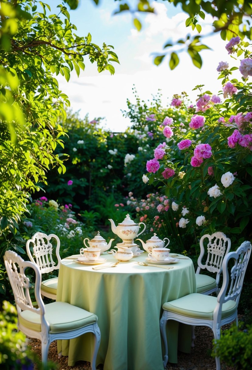 A lush garden setting with a table adorned with vintage tea sets, surrounded by blooming flowers and dappled sunlight