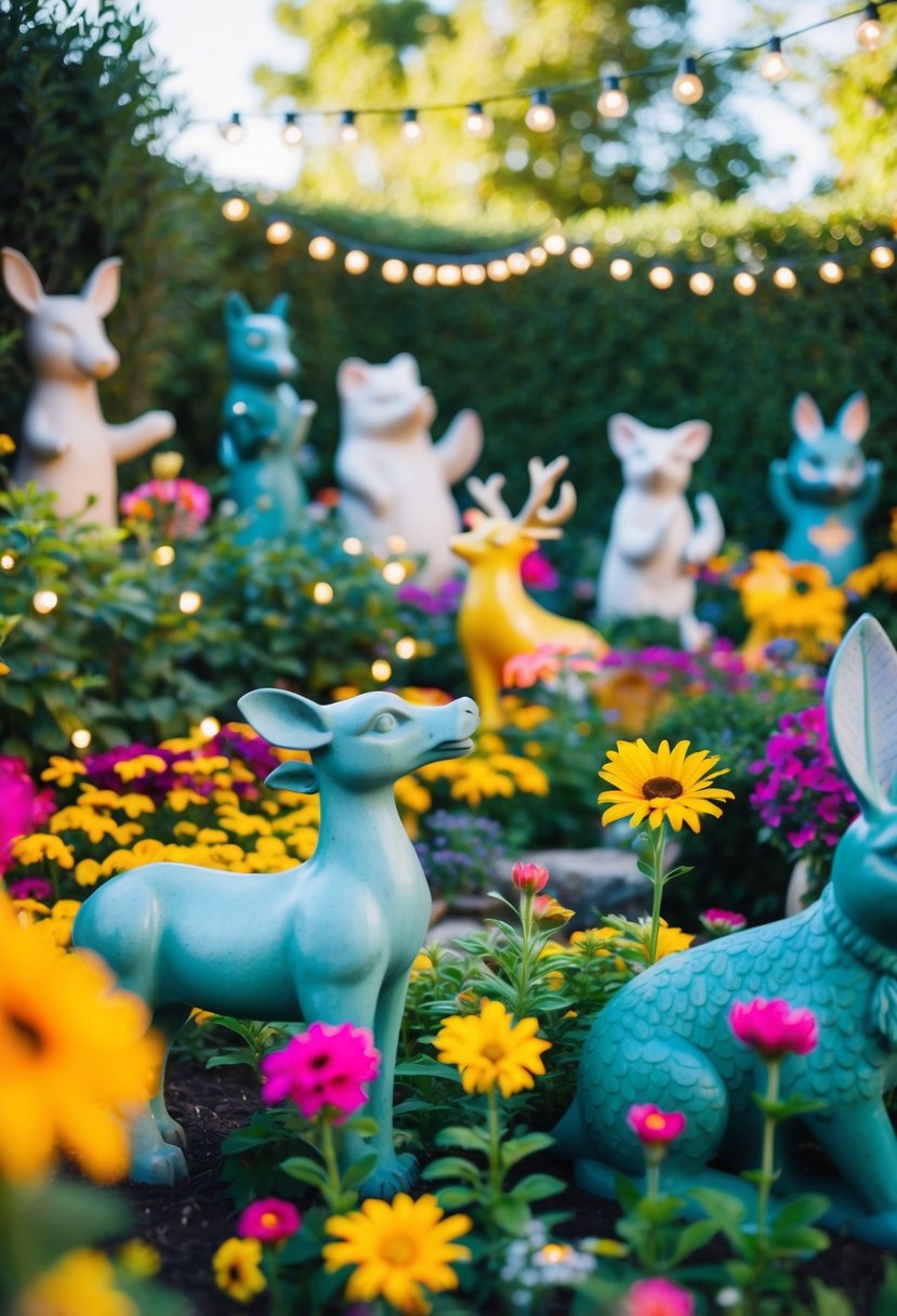 A lively garden with whimsical statues of animals and mythical creatures, surrounded by colorful flowers and twinkling fairy lights