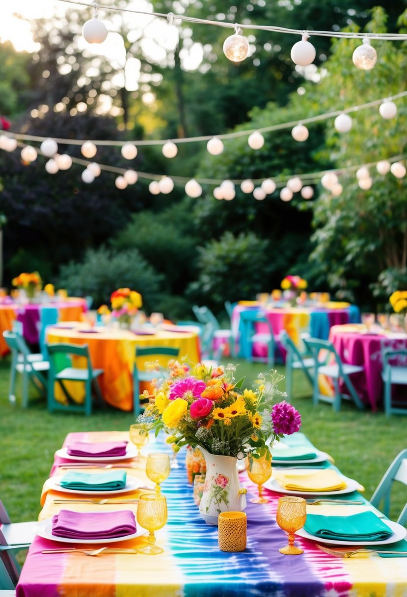 A garden party with tie-dye tablecloths, vibrant 70s decor, and bohemian wedding details