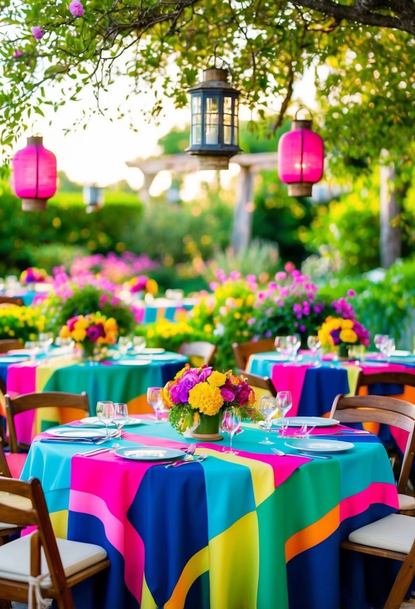 Vibrant tablecloths adorn tables in a lush garden setting, surrounded by blooming flowers and hanging lanterns