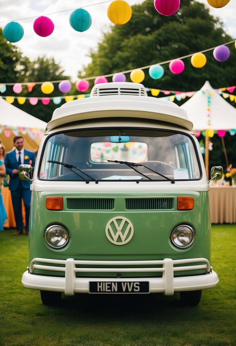A classic VW camper van parked in a 70s themed garden party wedding with colorful decorations and retro music playing