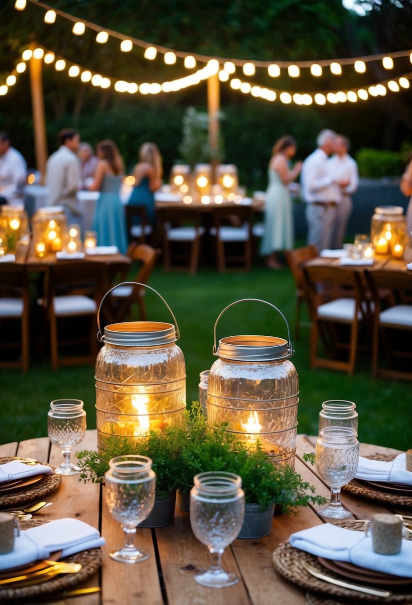 A garden party with rustic mason jar lanterns illuminating the tables and pathways, creating a warm and inviting atmosphere