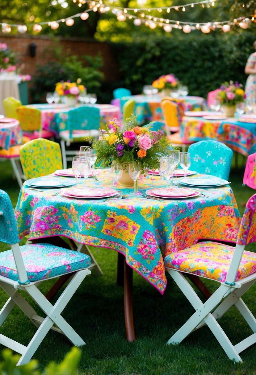 A garden party with vibrant chintz patterns adorning tables, chairs, and quilts, creating a charming and colorful atmosphere