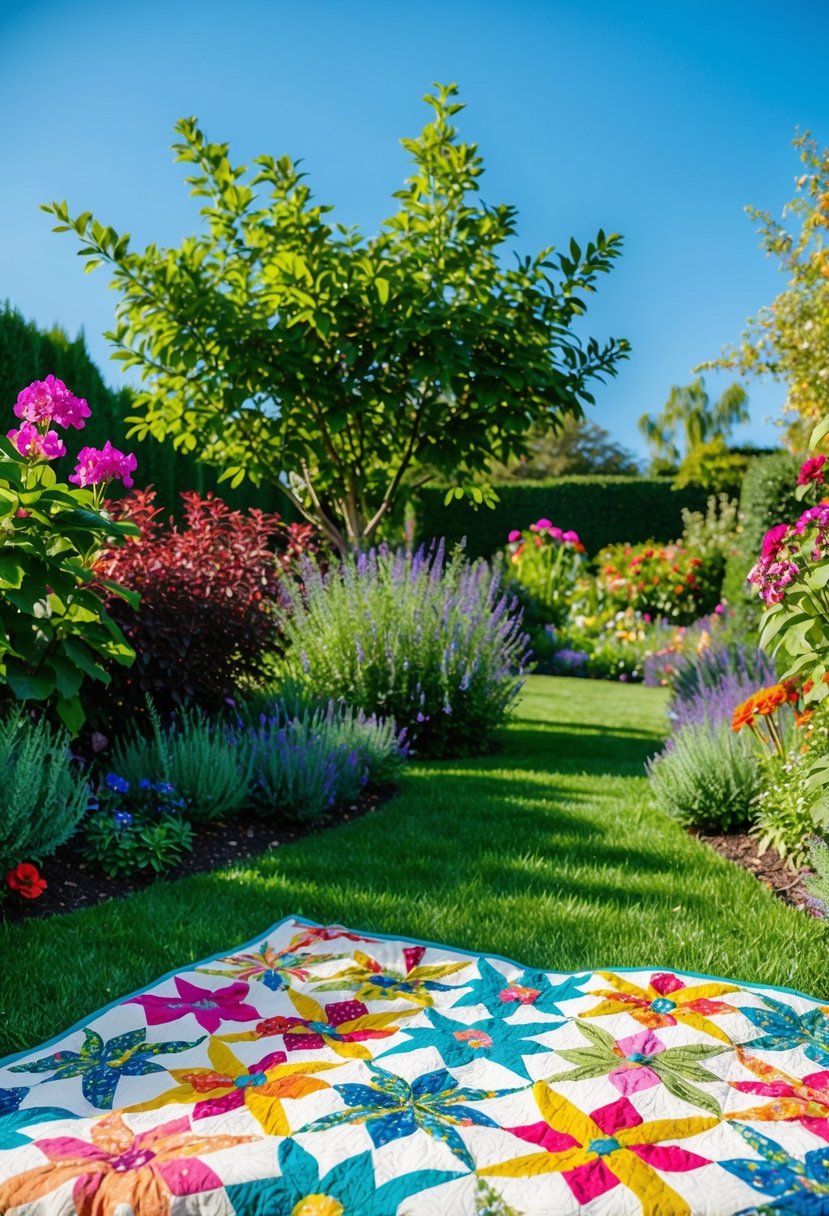 A lush garden with vibrant flowers and foliage, set against a bright blue sky, with a picnic blanket covered in a colorful botanical quilt pattern