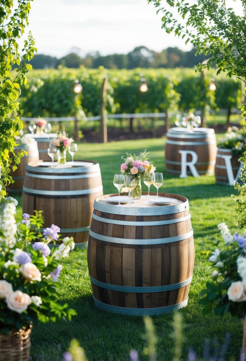 A vineyard garden party with wine barrel cocktail tables set among blooming flowers and lush greenery, creating a charming and rustic atmosphere for a wedding celebration