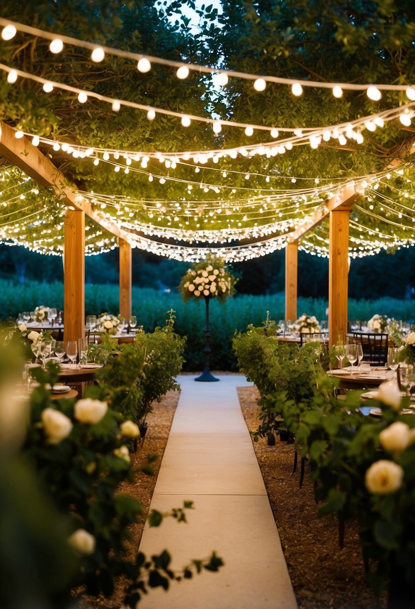 A vineyard garden adorned with string lights creating a canopy for a romantic wedding party