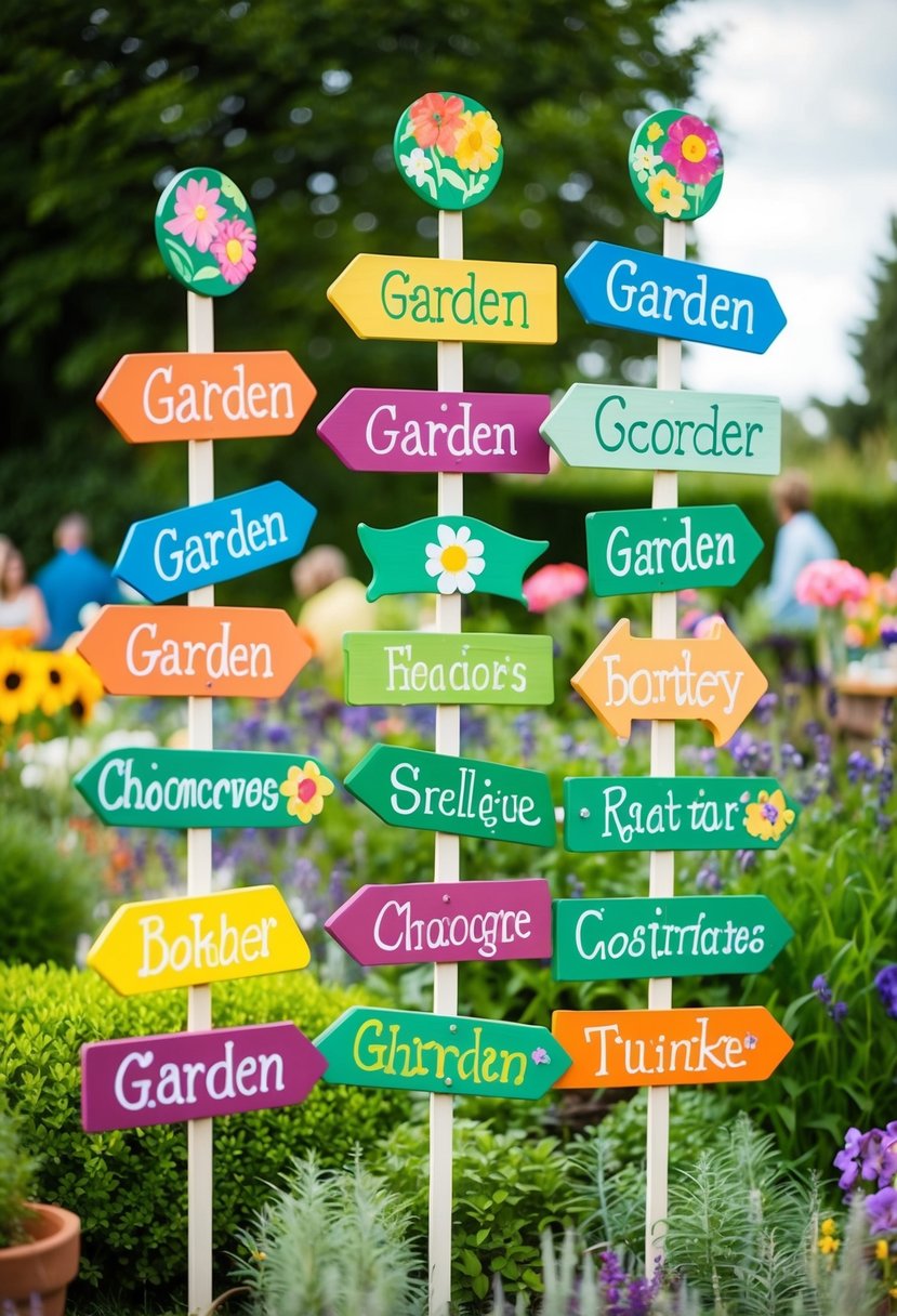 A colorful array of hand-painted garden signs adorn a lush garden, adding a whimsical touch to a garden party