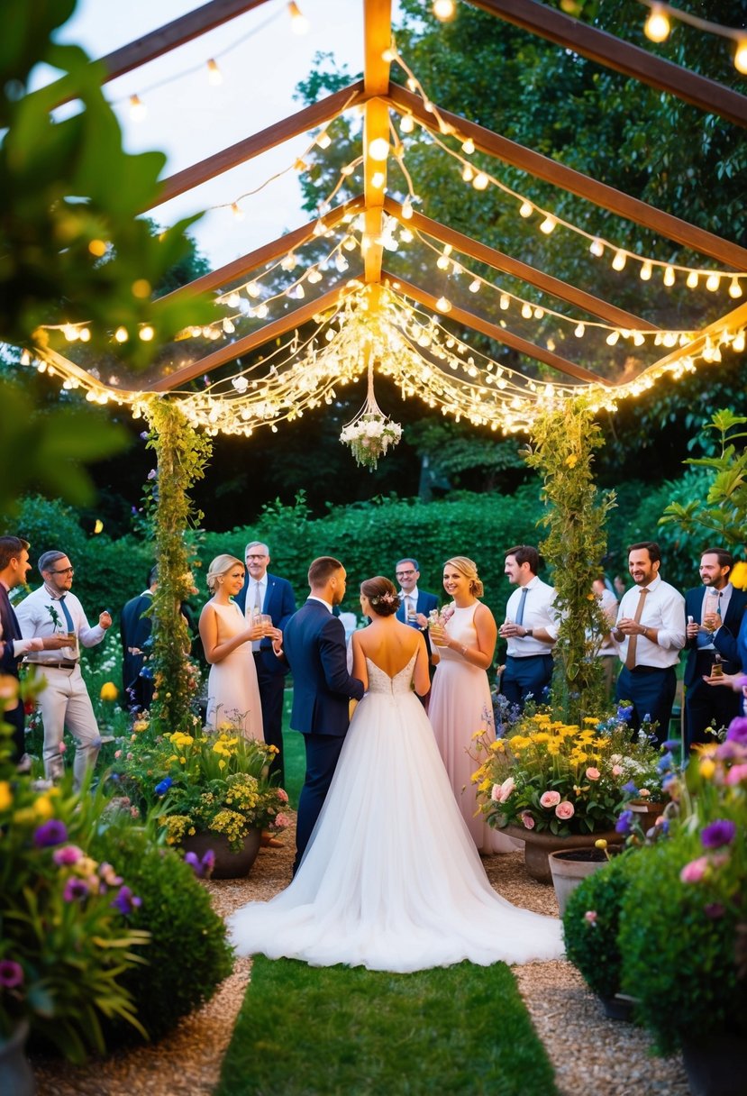 A garden party with a fairy light canopy, surrounded by lush greenery and colorful flowers, creating a magical and enchanting atmosphere