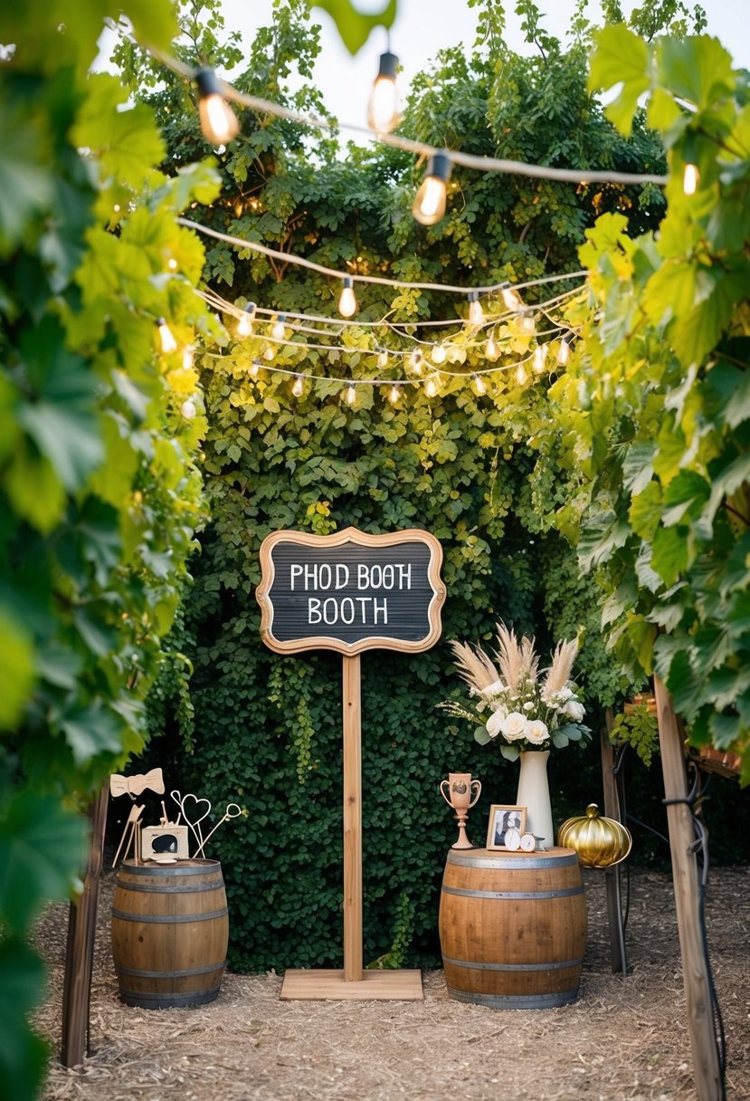 A rustic outdoor photo booth nestled among lush vineyard gardens, adorned with twinkling string lights and vintage props for a romantic wedding celebration