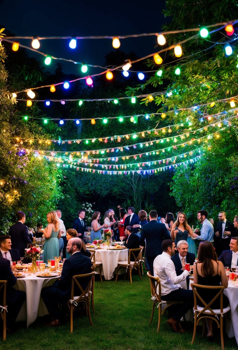 A lush garden at night, adorned with colorful string lights, sets the scene for a 22nd birthday celebration. Tables are filled with treats and drinks, while guests mingle and dance under the twinkling lights