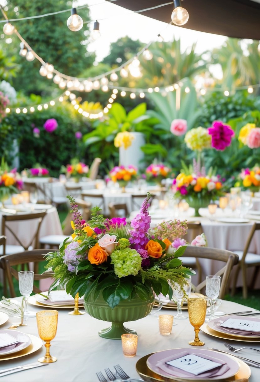 A lush garden party with vibrant floral centerpieces adorning the tables, creating a festive and elegant atmosphere for a 22nd birthday celebration
