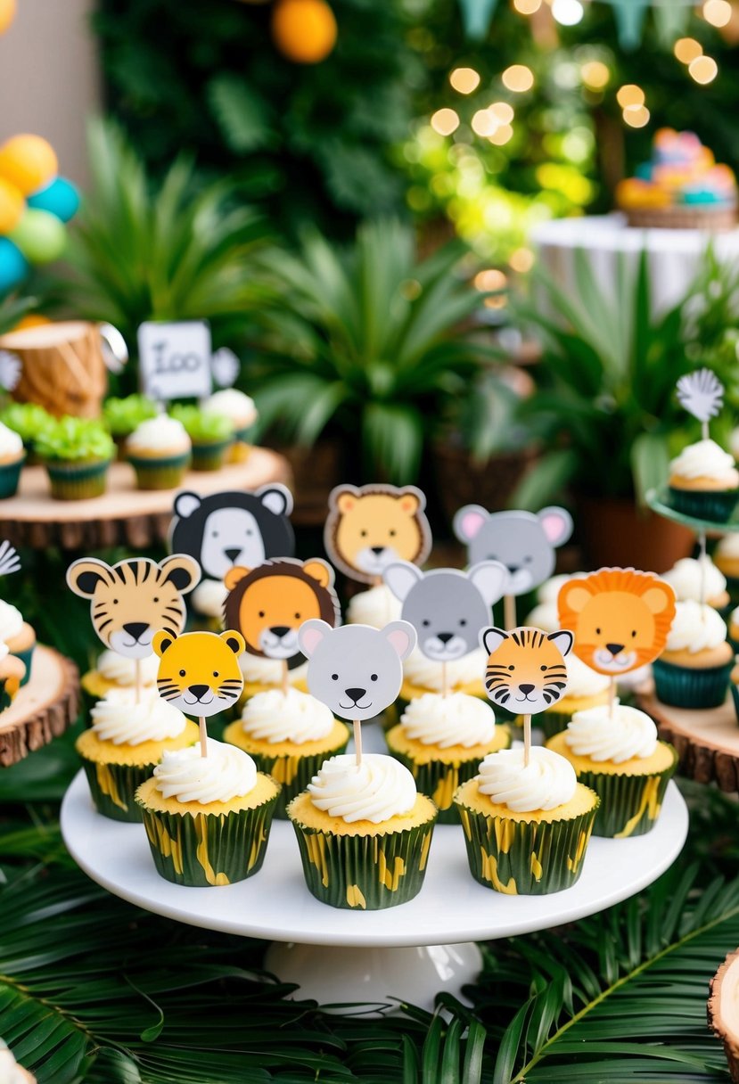 A group of safari animal cupcake toppers are arranged on a table at a zoo-themed garden party, surrounded by lush greenery and colorful decorations