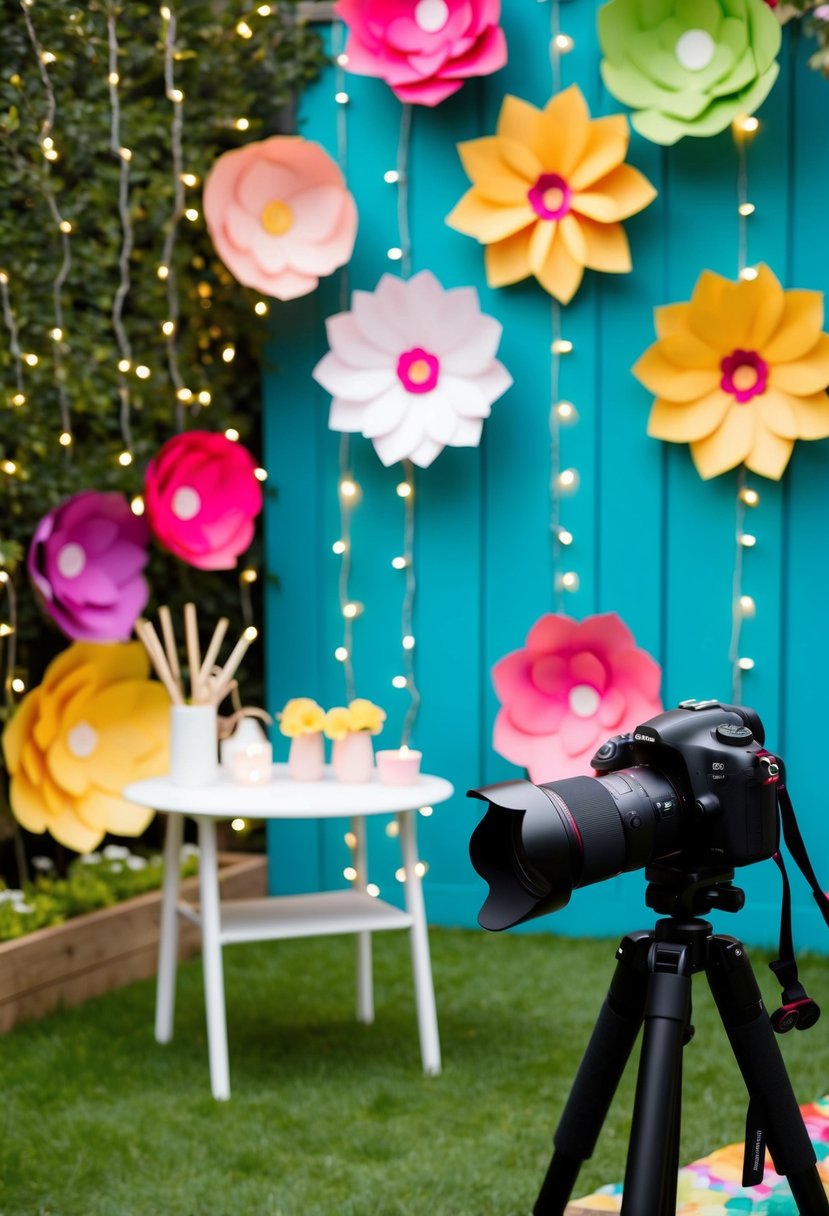 A colorful garden setting with fairy lights and a backdrop of hanging paper flowers. A table with props and a camera on a tripod