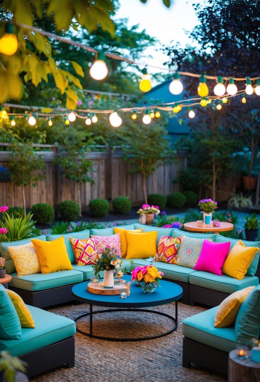 A vibrant outdoor lounge area with string lights, cozy seating, and colorful decorations for a 22nd birthday garden party celebration