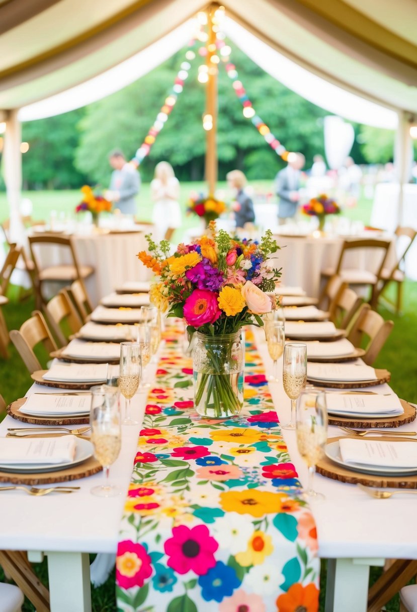 Colorful floral table runners adorn the tables in a garden party tent, adding a vibrant and festive touch to the outdoor celebration