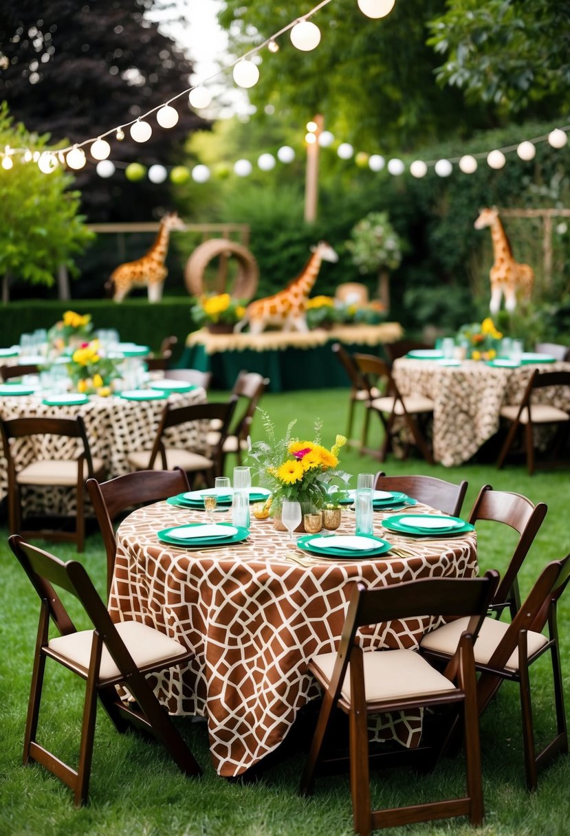 A garden party with giraffe print tablecloths, surrounded by zoo-themed decorations and greenery