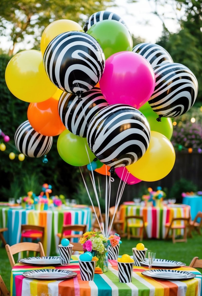 A colorful array of zebra-striped balloons adorns the zoo-themed garden party, creating a lively and festive atmosphere