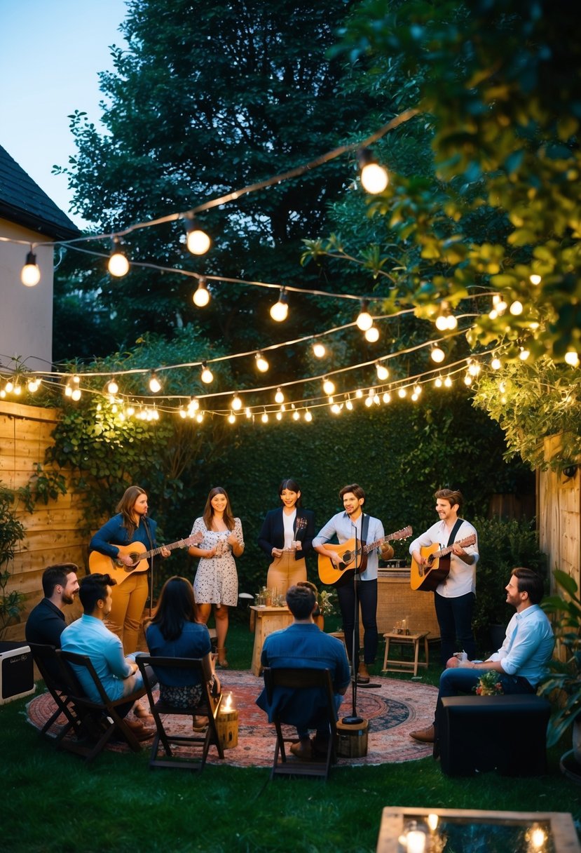 A cozy garden with string lights, a rustic wooden stage, and a group of friends gathered around for a live acoustic music 22nd birthday celebration