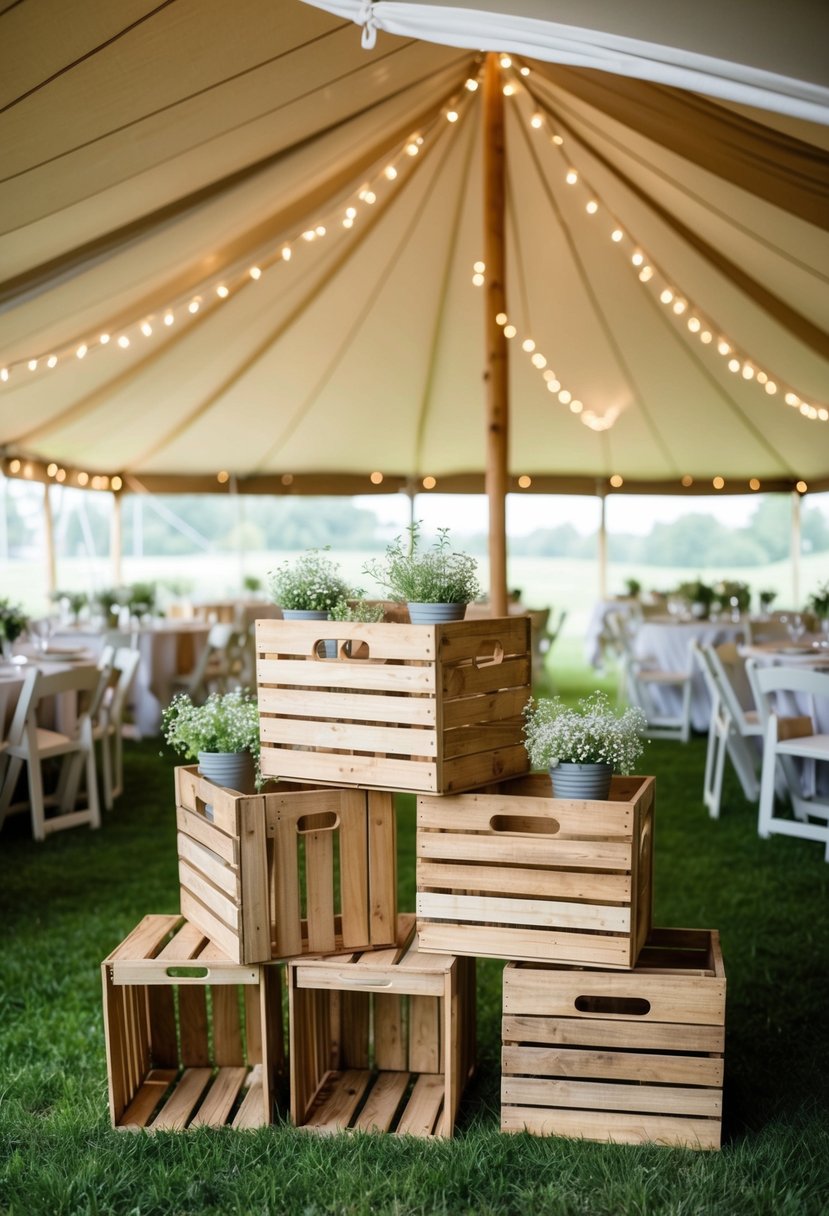 Wooden crates arranged as garden party tent decor. Rustic, natural, and charming