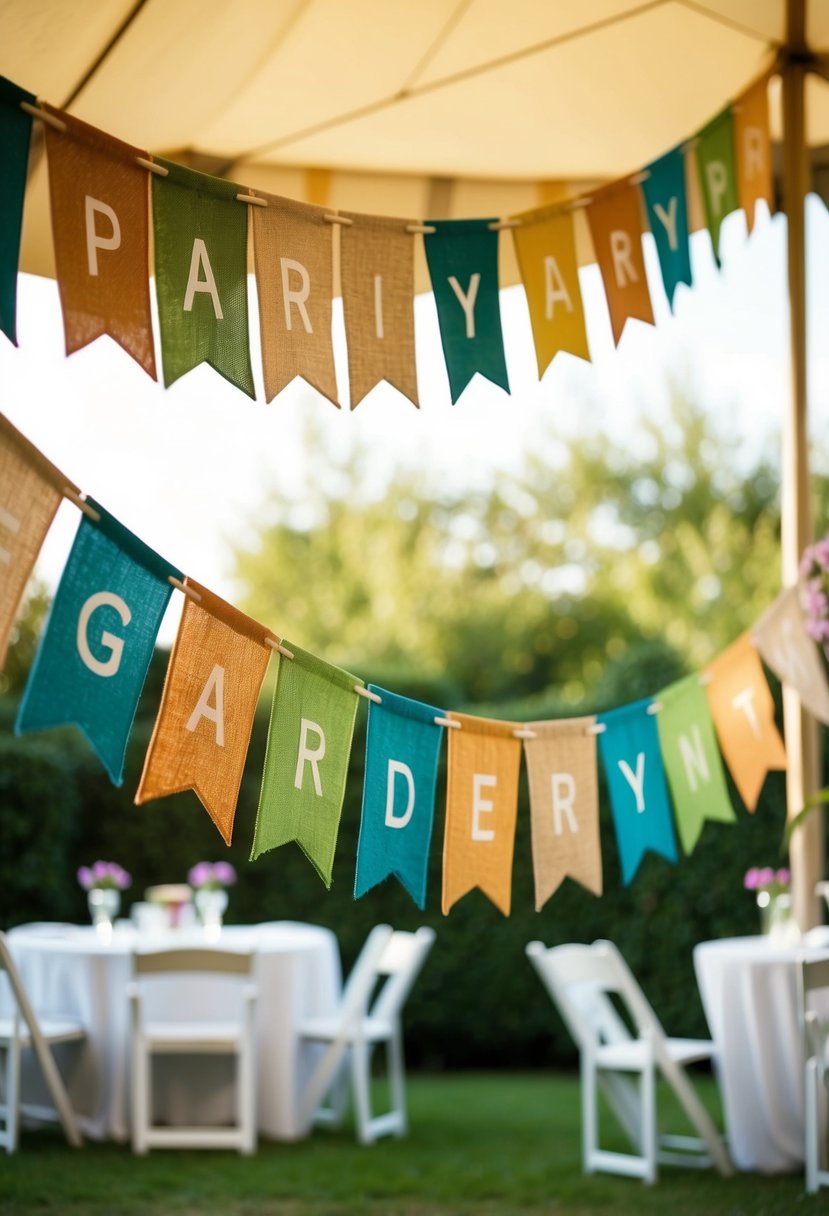 Colorful burlap banners hanging from a garden party tent, swaying gently in the breeze