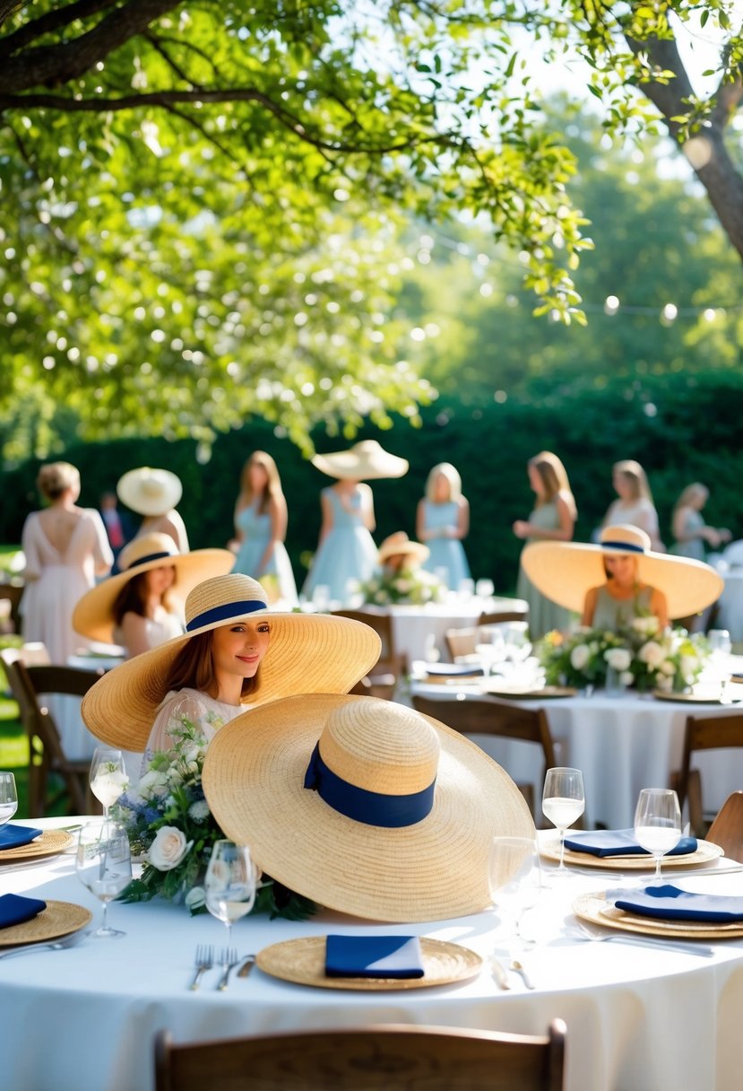 A garden party scene with various wide-brim straw hats and elegant dresses on display. Tables set with floral centerpieces and dappled sunlight filtering through the trees