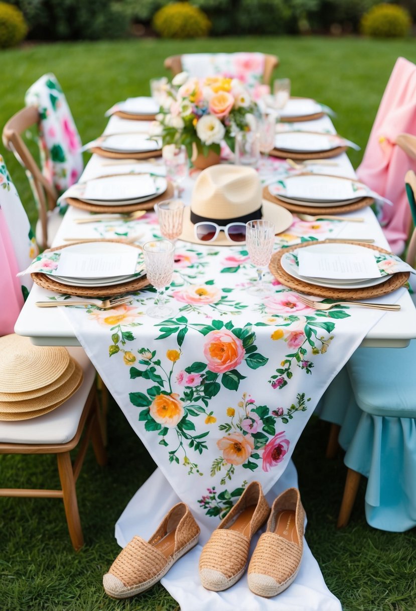 A table set with floral tablecloth, surrounded by woven espadrilles and garden party dresses. A hat and sunglasses sit atop a chair