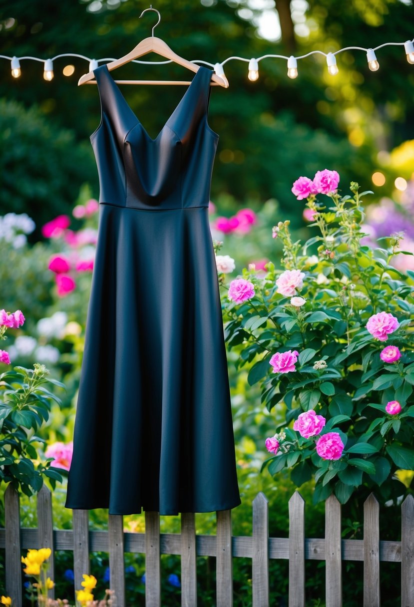 A sleek black dress hangs on a garden fence, surrounded by blooming flowers and twinkling string lights