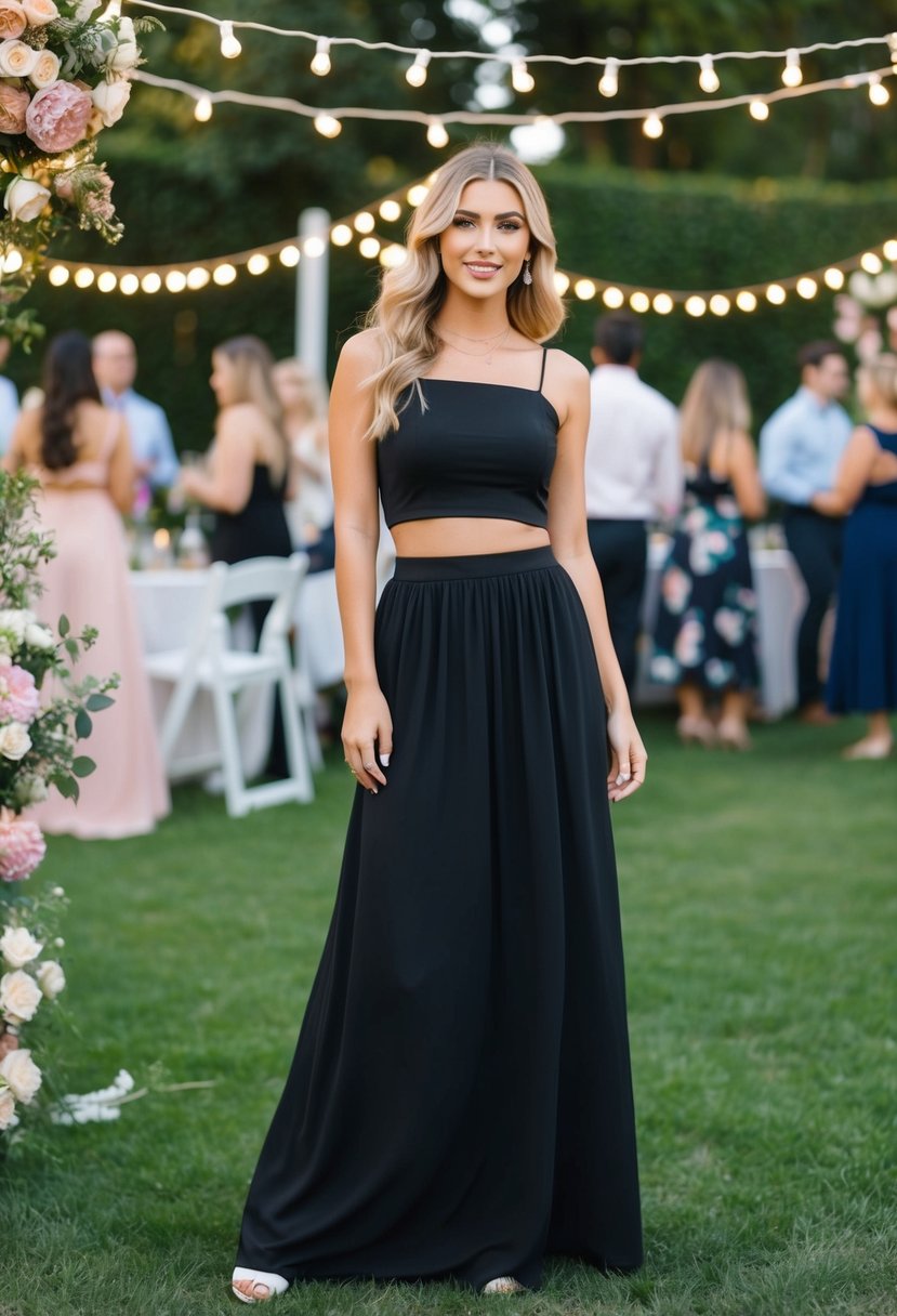 A black maxi skirt paired with a crop top, set in a garden party scene with floral decorations and twinkling string lights