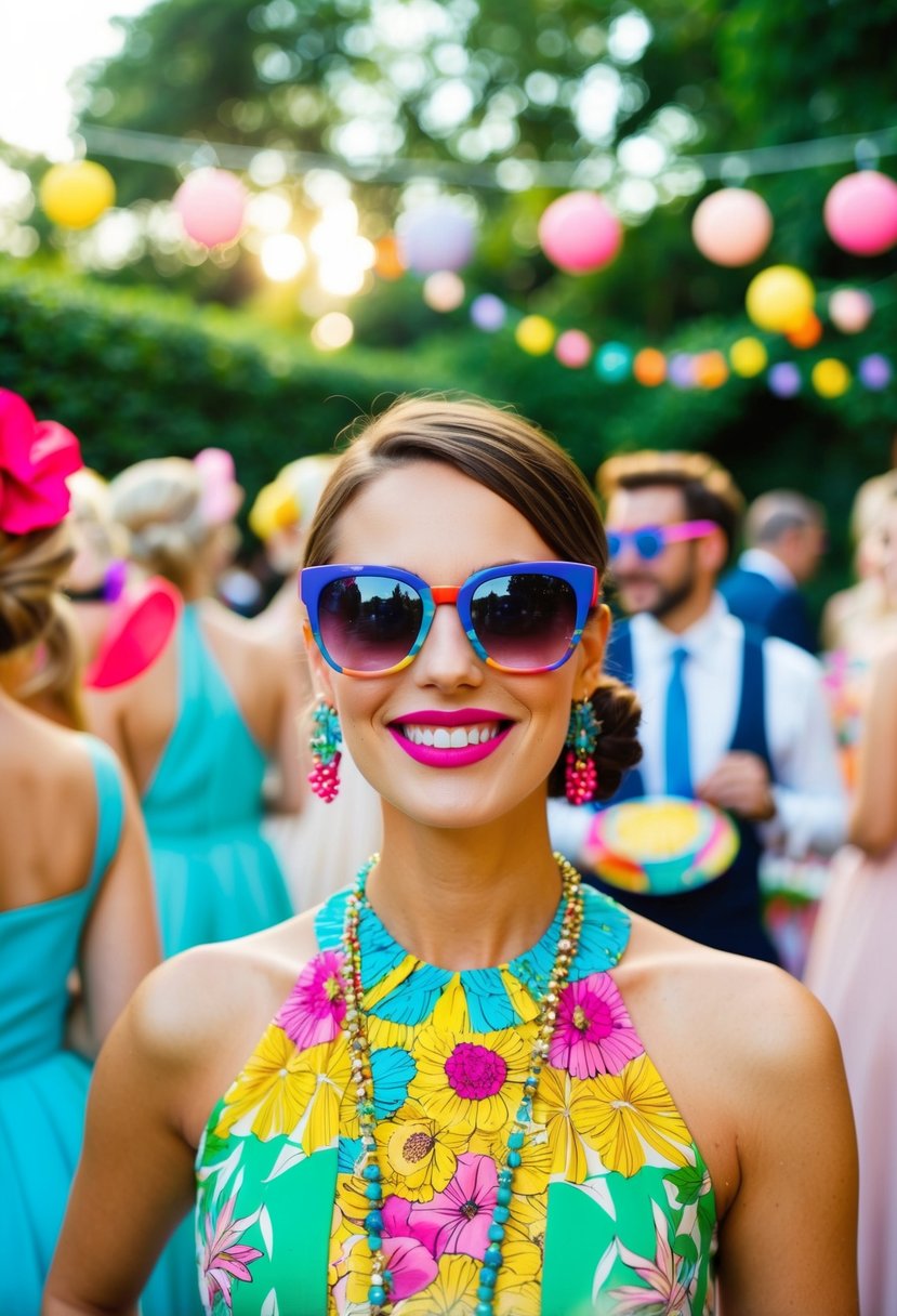 A vibrant garden party with colorful statement sunglasses and stylish dress code ideas