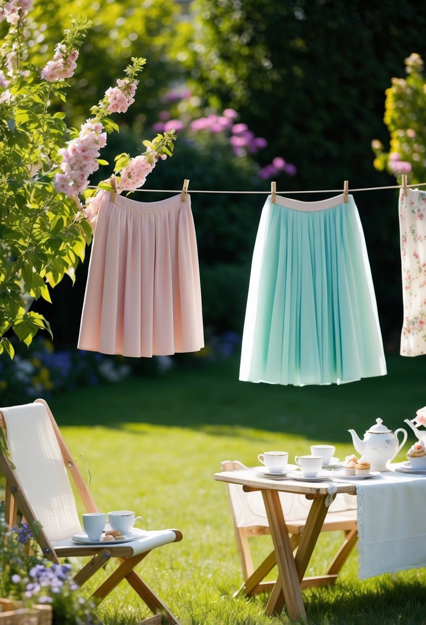 A sunny garden with blooming flowers, a flowing pastel A-line skirt hanging from a clothesline, and a picnic table set with tea cups and delicate pastries