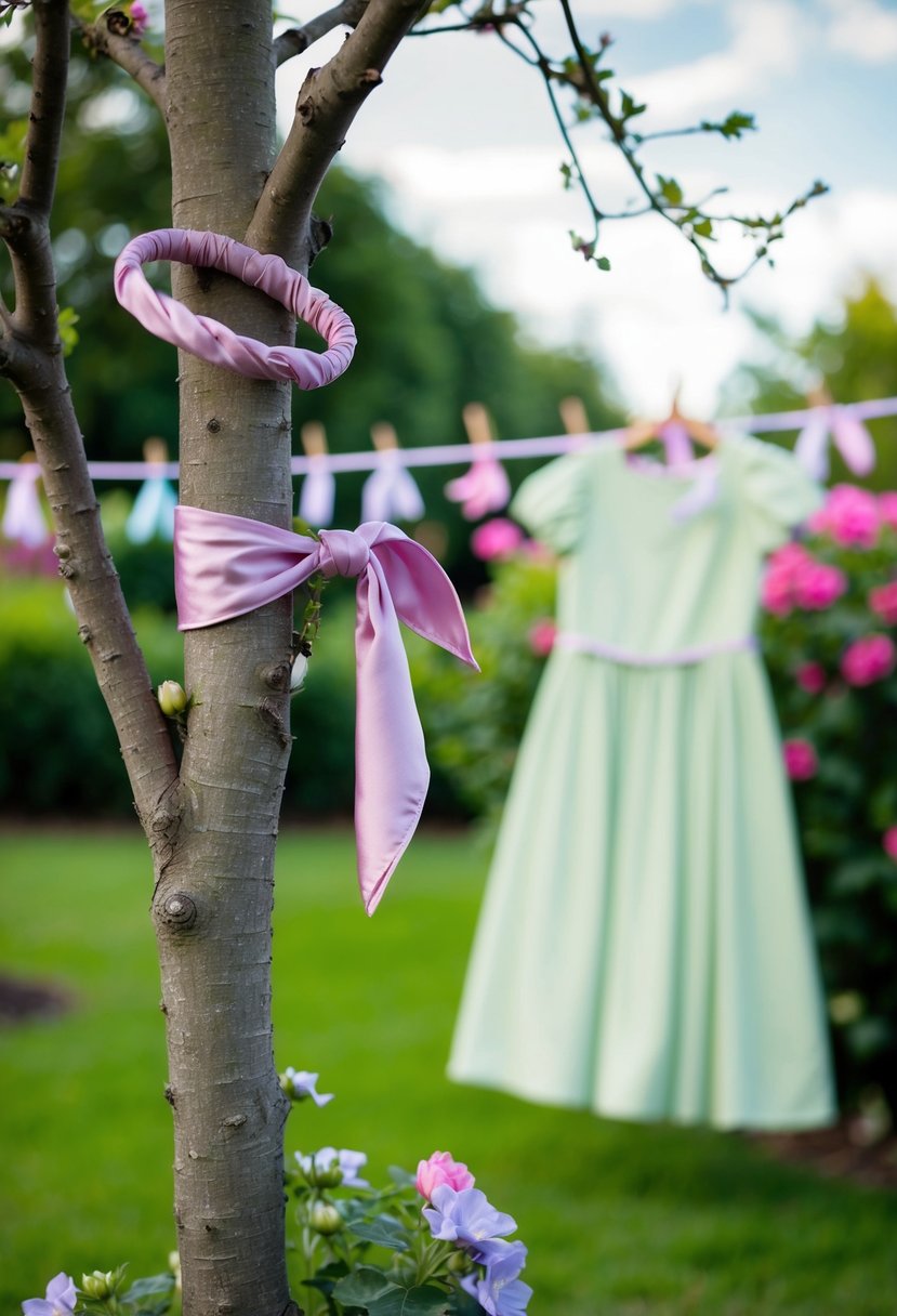 A silk scarf is tied in a bow around a blooming flower in a garden. A hair tie is wrapped around a branch of a tree, and a garden party dress hangs on a nearby clothesline