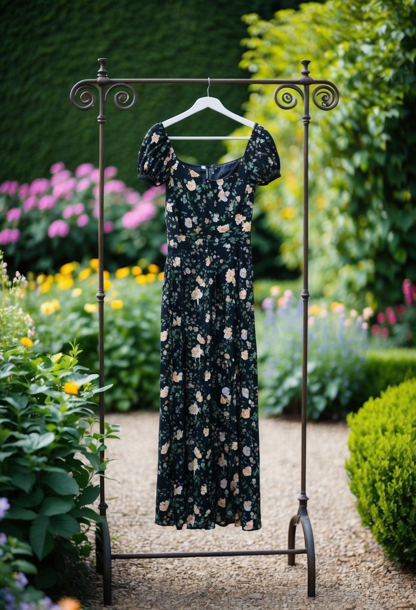 A floral black midi dress hangs on a vintage wrought iron coat rack, surrounded by lush greenery and blooming flowers in a garden setting