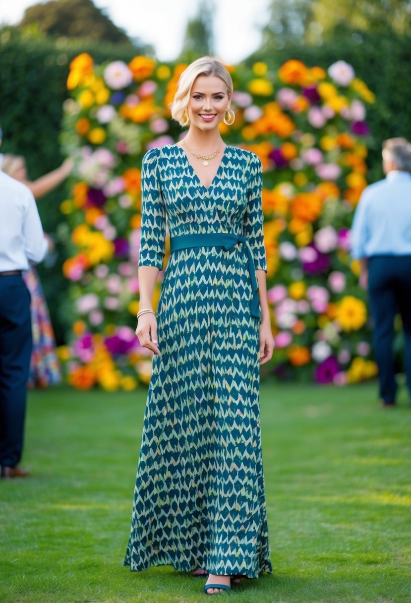 A patterned maxi dress stands out against a backdrop of colorful flowers and greenery at a garden party