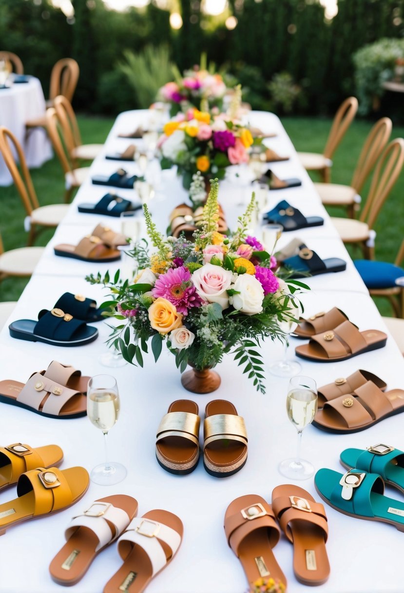 A table set with floral centerpieces, surrounded by open-toe sandals in various colors and styles, with a garden backdrop