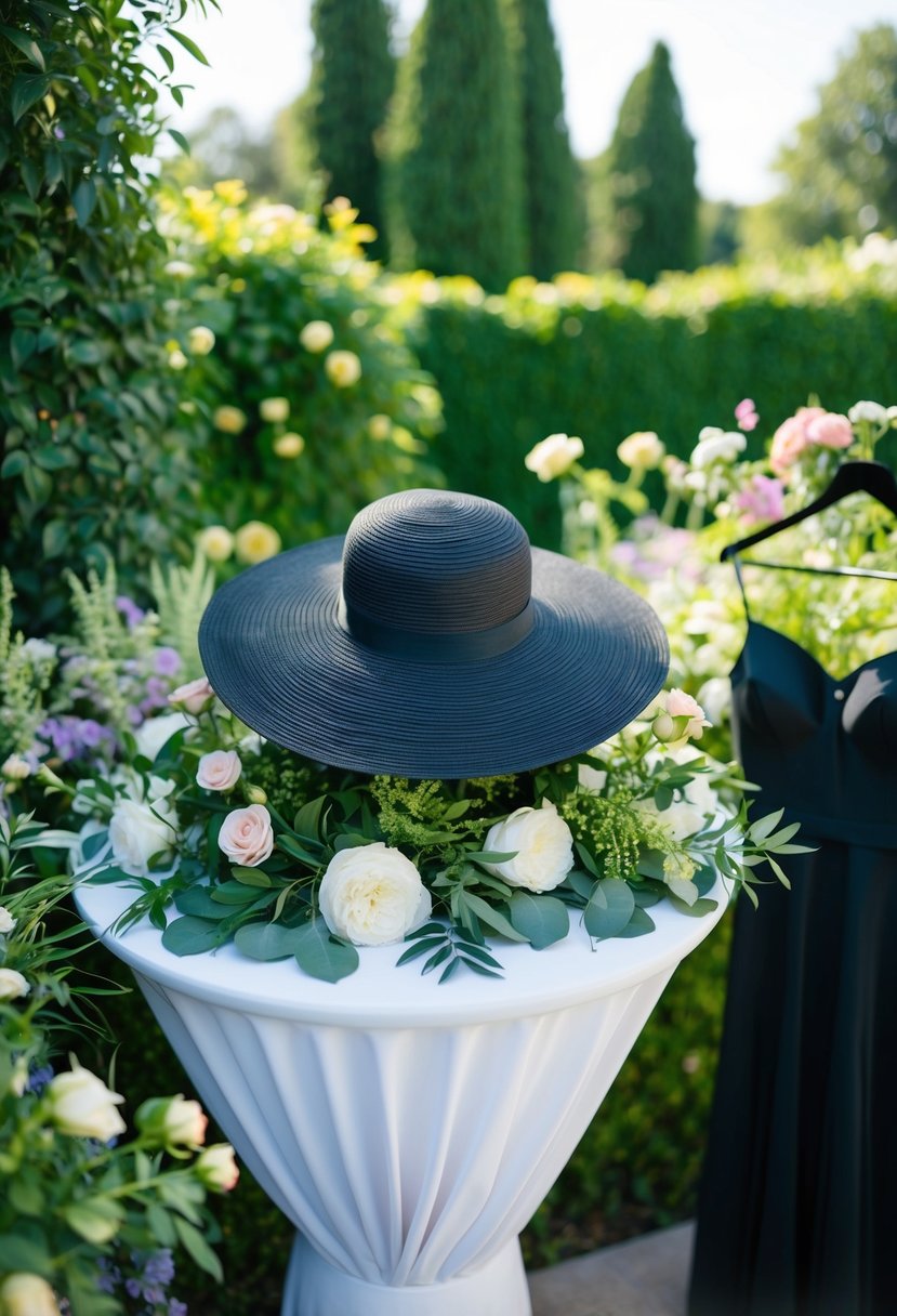 A black wide-brim hat sits atop a table surrounded by lush greenery and flowers, with a stylish black garden party outfit nearby