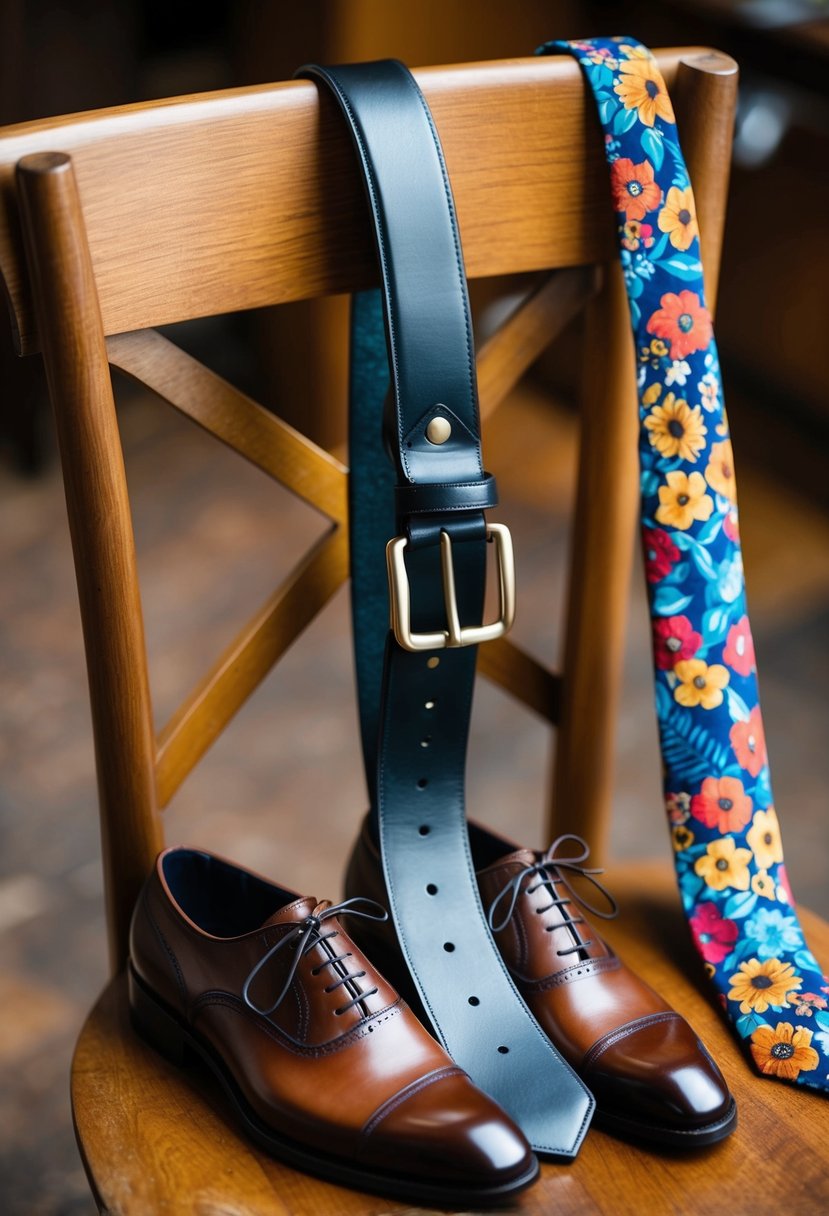A leather belt hangs on a wooden chair, surrounded by a pair of polished brown dress shoes and a colorful floral tie