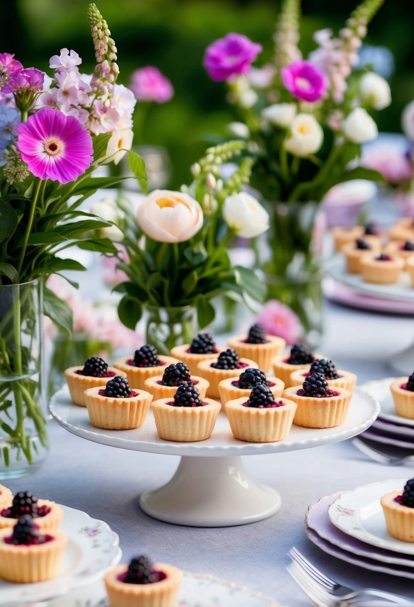 A garden party dessert table adorned with berry tartlets, surrounded by fresh flowers and delicate tableware