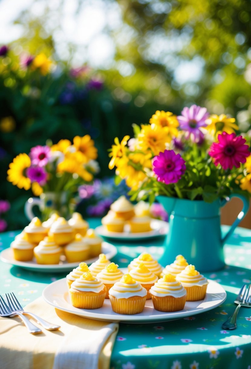 A garden table adorned with mini lemon drizzle cakes, surrounded by colorful flowers and dappled sunlight