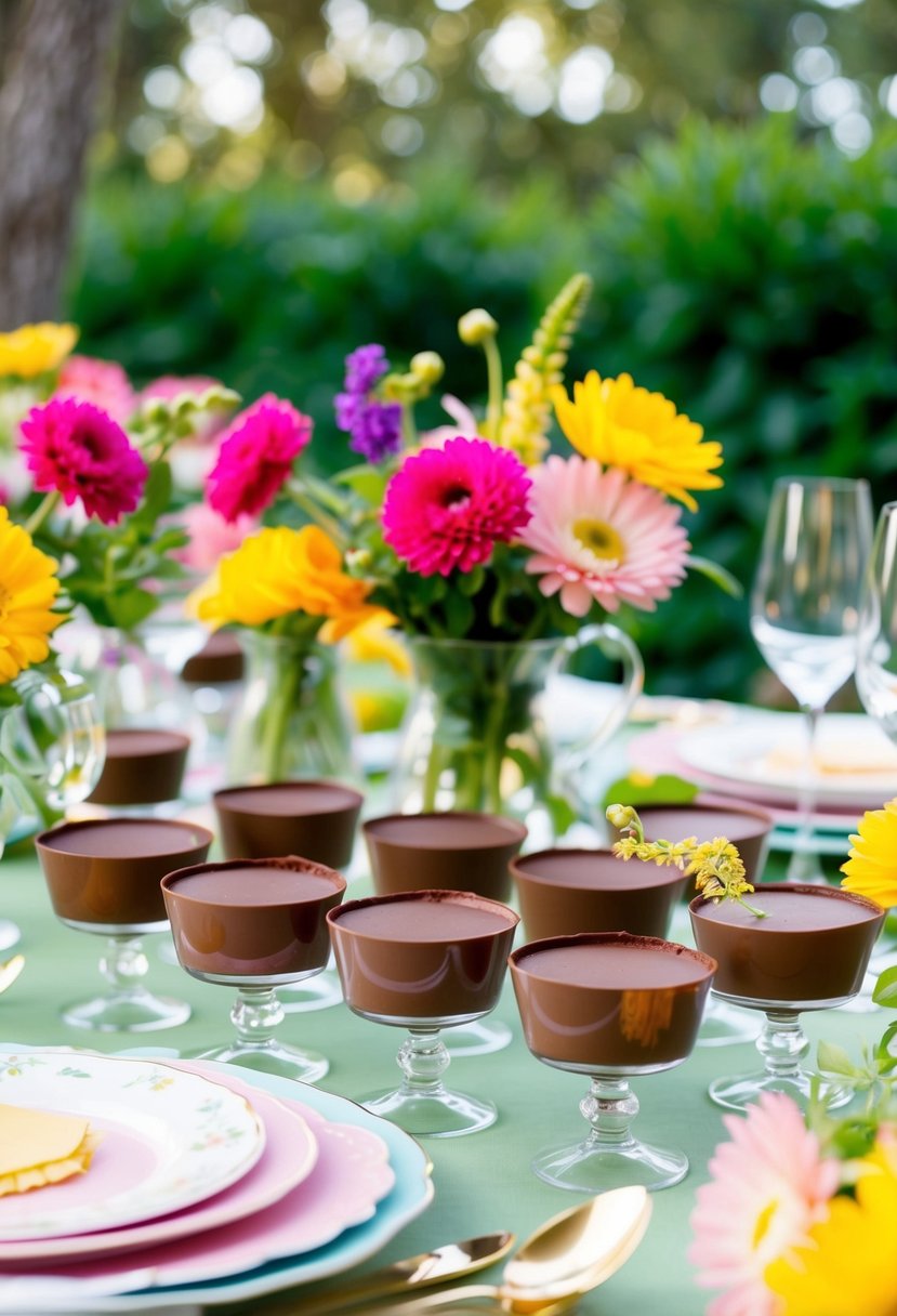 A garden party dessert table with chocolate mousse cups surrounded by vibrant flowers and elegant tableware