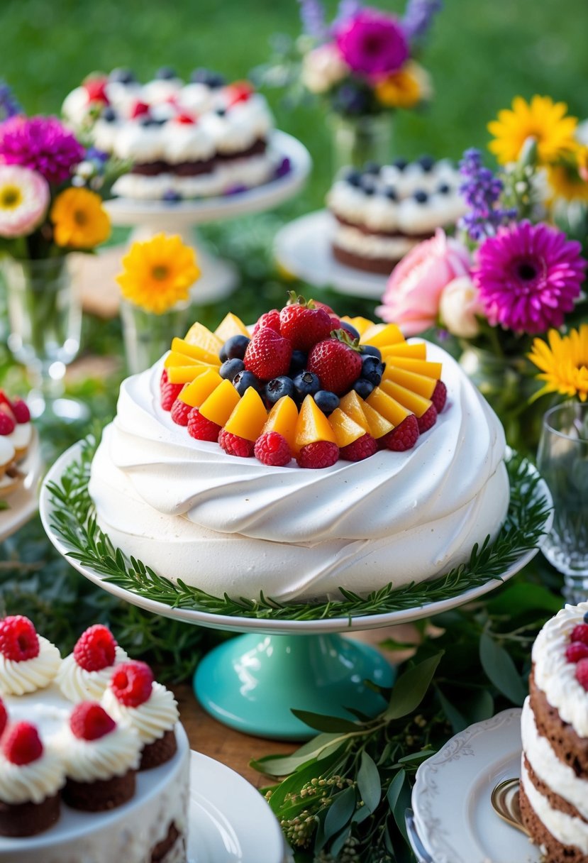 A colorful pavlova topped with fresh fruit sits on a table adorned with flowers and greenery, surrounded by other delectable desserts for a garden party