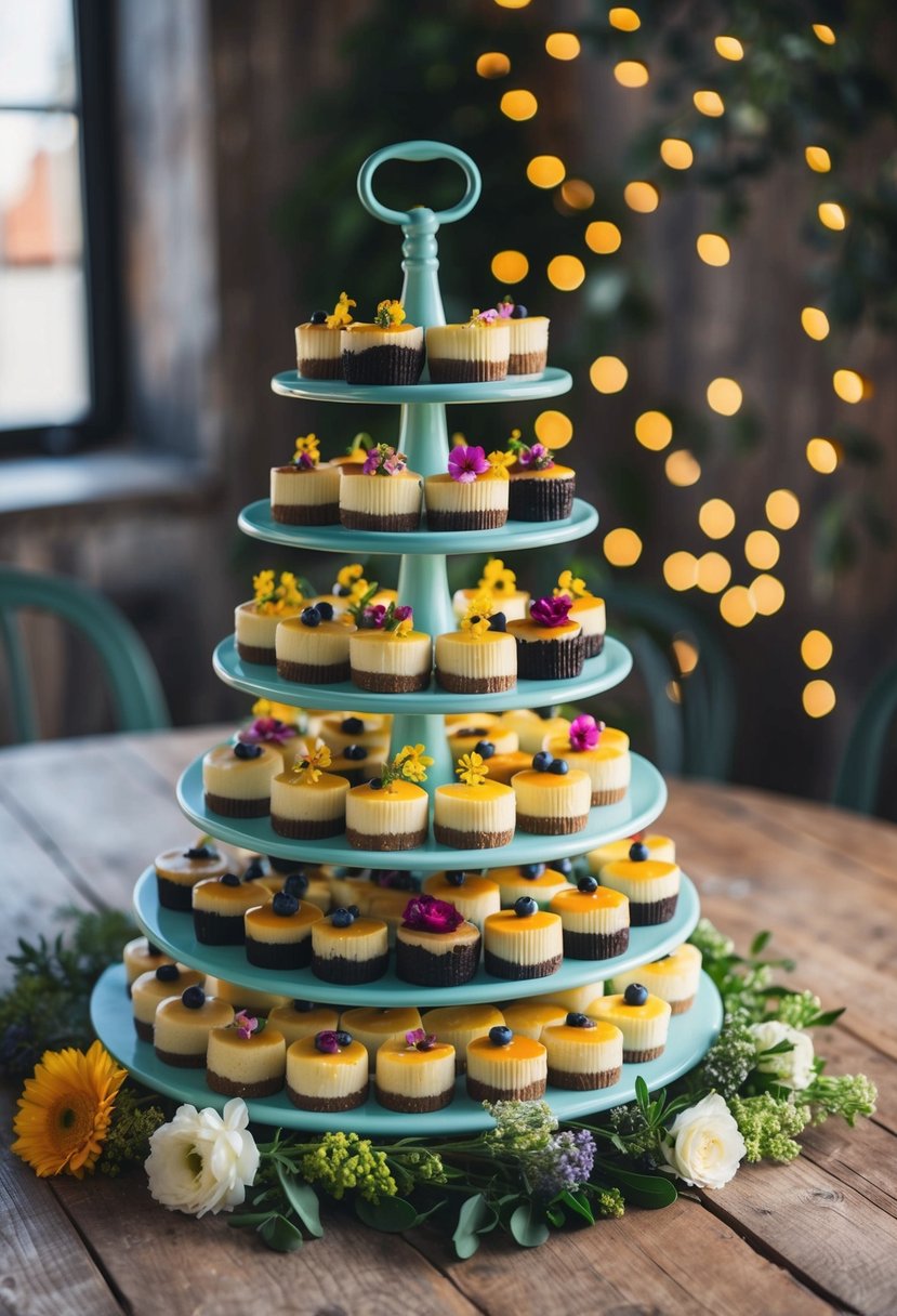 A colorful array of mini cheesecakes displayed on tiered stands, surrounded by fresh flowers and greenery, set on a rustic wooden table