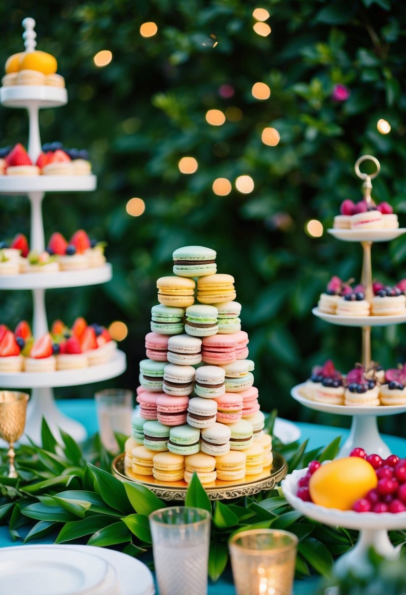 A colorful macaron tower stands as the centerpiece of a lush garden party dessert table, surrounded by delicate pastries and fresh fruit