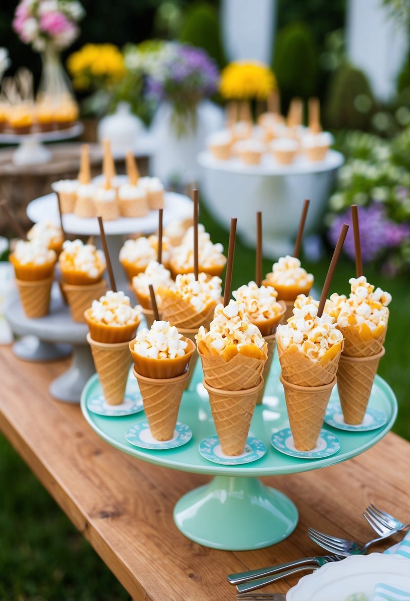 A garden party dessert table adorned with caramel popcorn cones as a sweet and whimsical treat for guests to enjoy