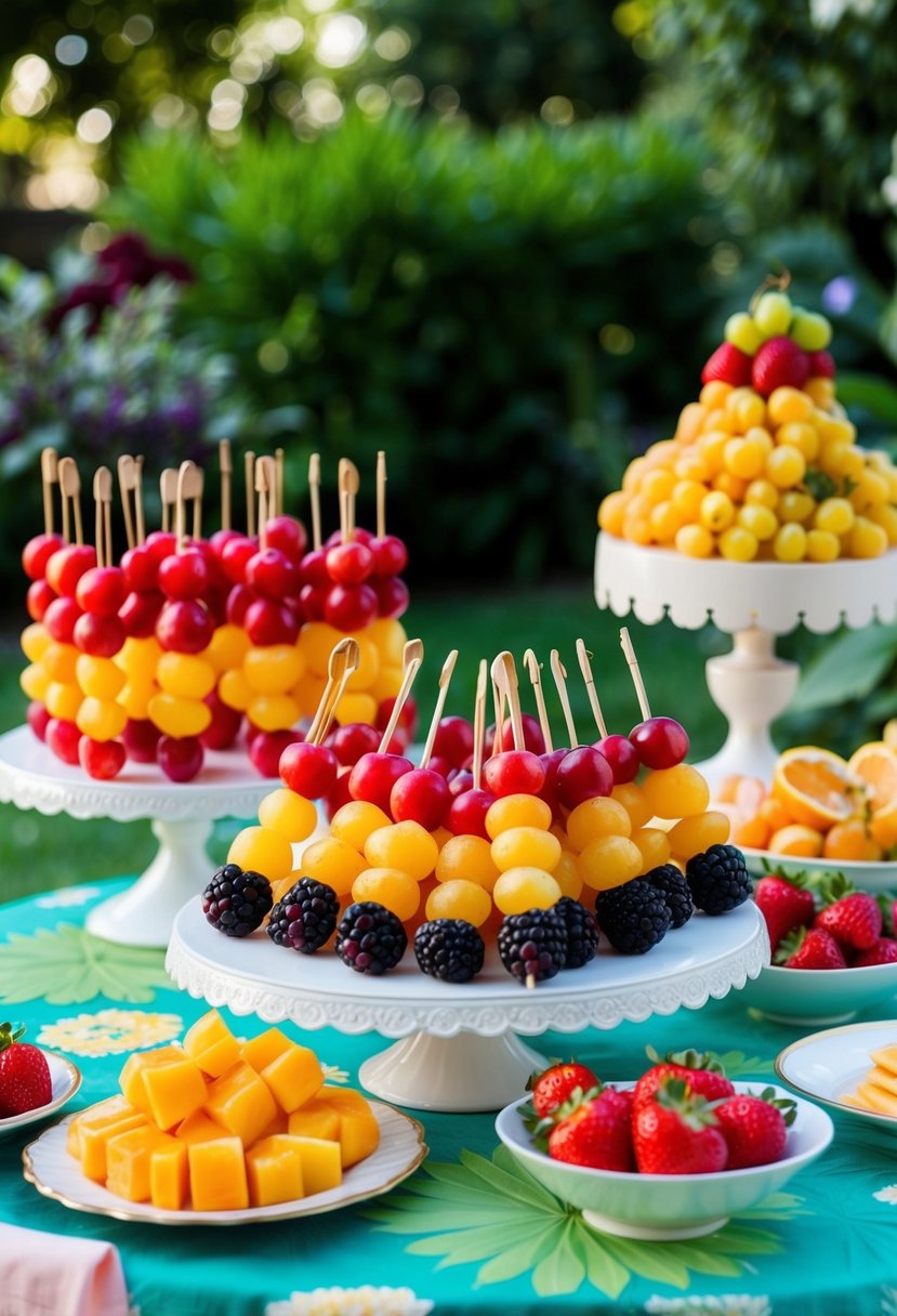 A colorful array of fruit skewers arranged on a decorated dessert table in a lush garden setting