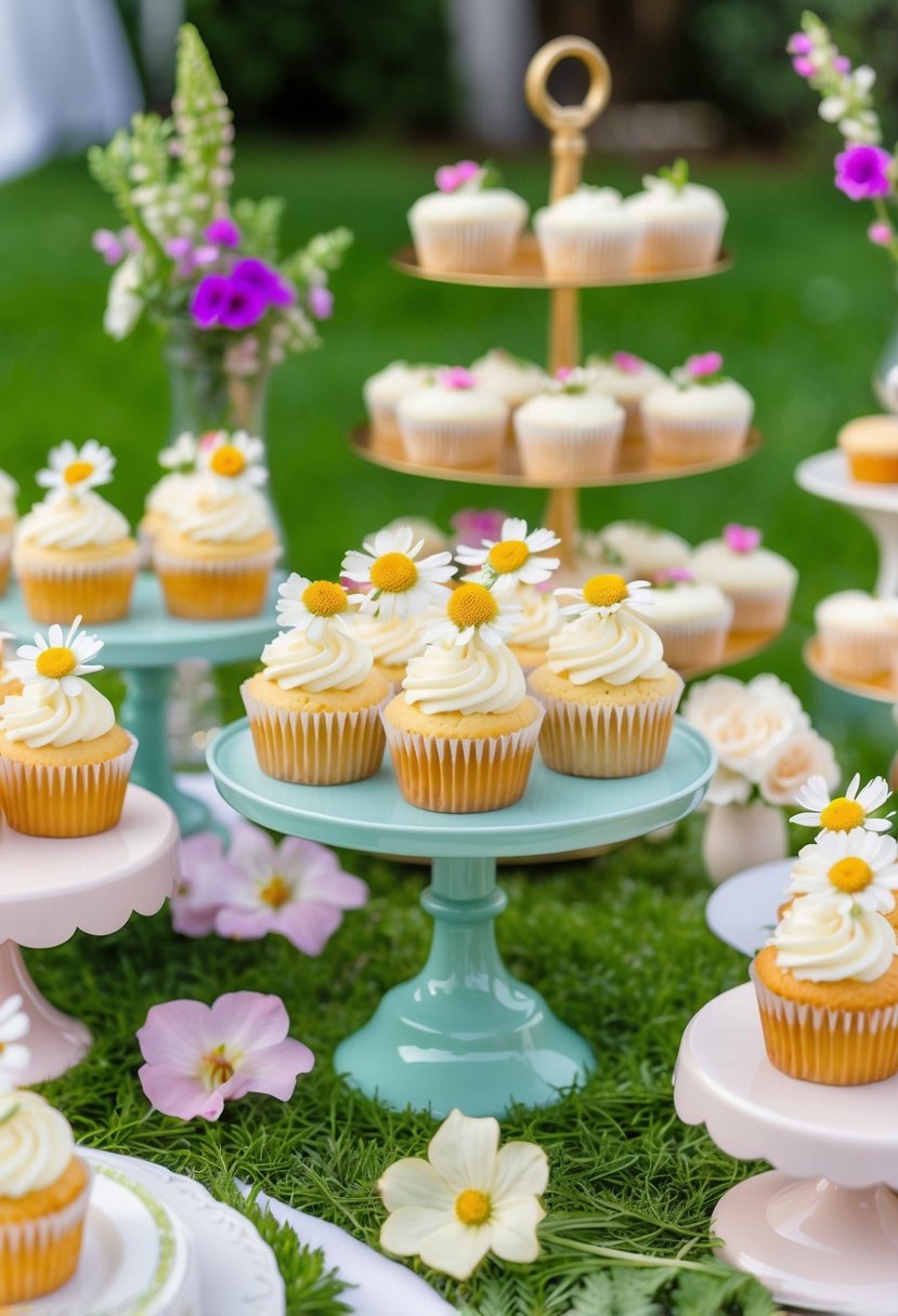 A garden party dessert table adorned with vanilla cupcakes topped with edible flowers in a whimsical and elegant display