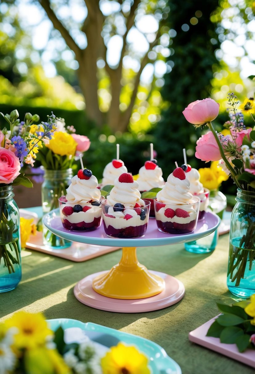 A colorful garden party dessert table with Eton Mess sundaes, surrounded by delicate floral arrangements and dappled sunlight filtering through the trees